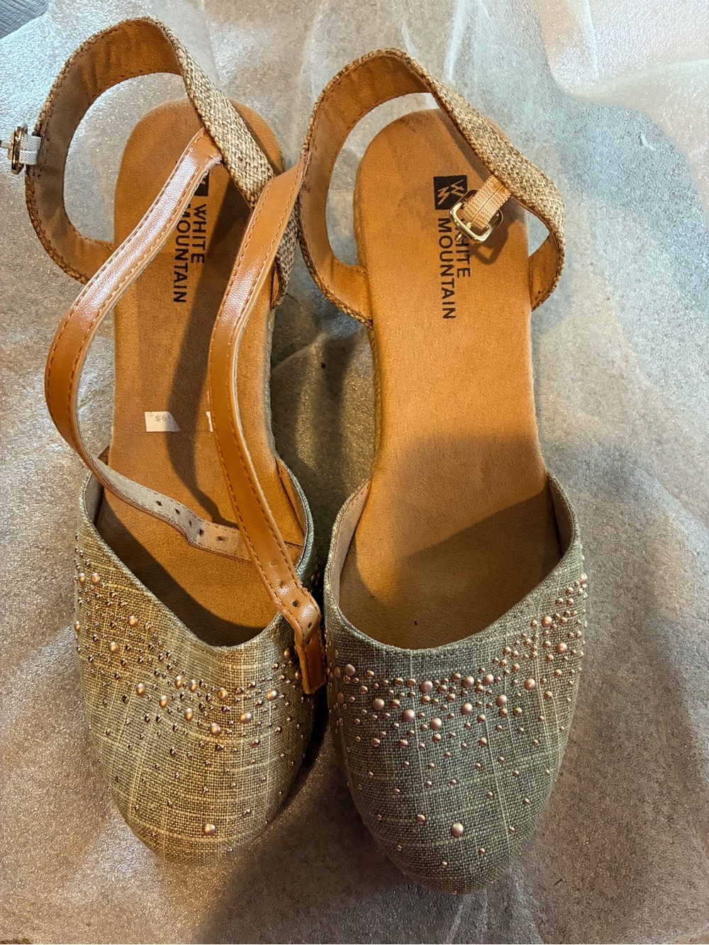 White Mountain Tan Slingback Flats with Beaded Toe